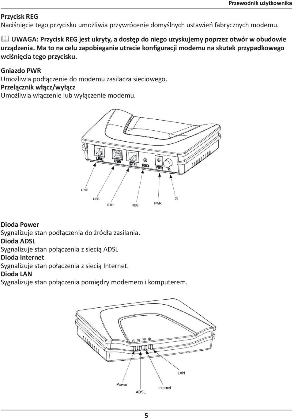 Ma to na celu zapobieganie utracie konfiguracji modemu na skutek przypadkowego wciśnięcia tego przycisku. Gniazdo PWR Umożliwia podłączenie do modemu zasilacza sieciowego.