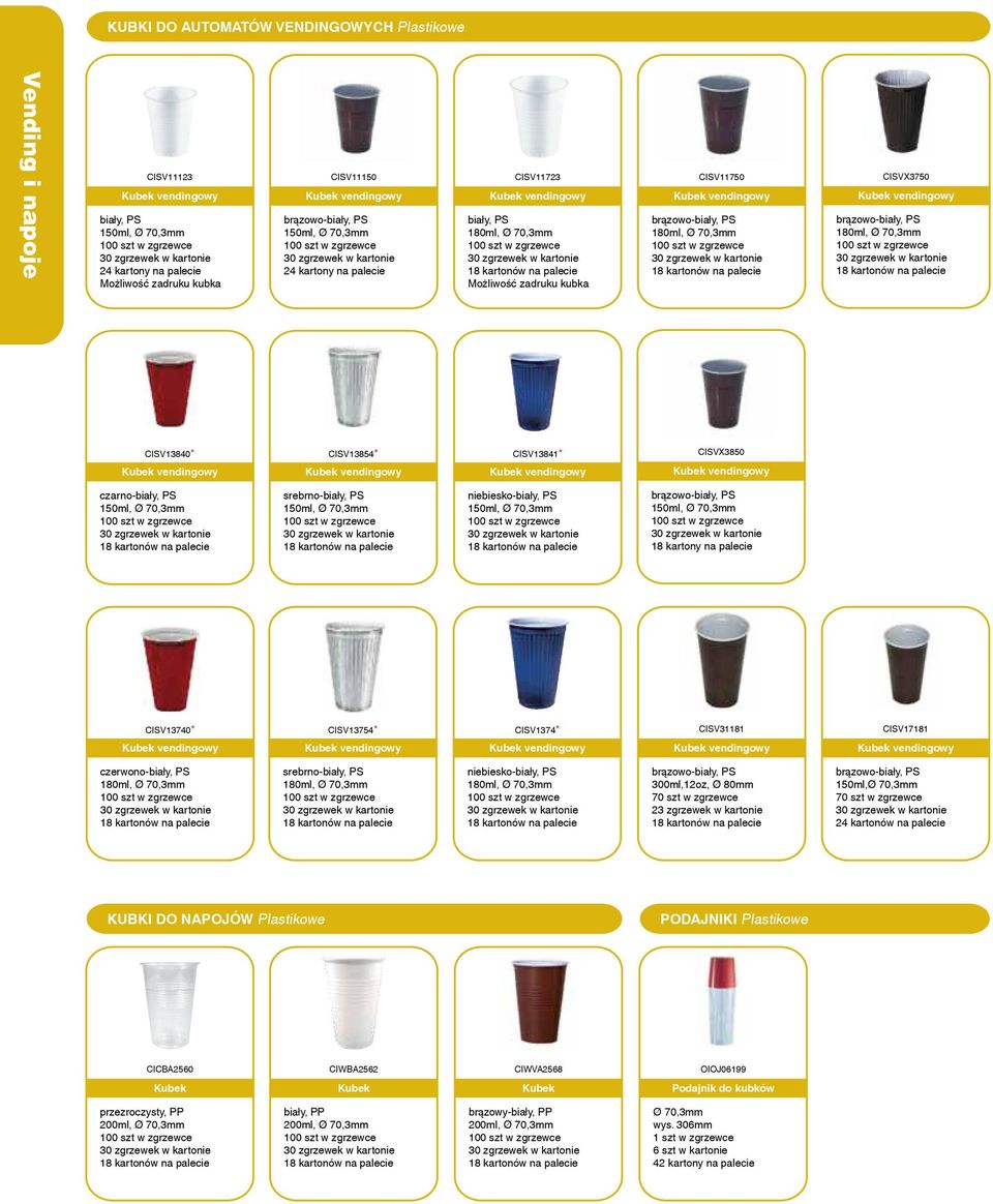 Ø 80mm 70 szt w zgrzewce 23 zgrzewek w kartonie 150ml,Ø 70,3mm 70 szt w zgrzewce 24 kartonów na palecie KUBKI DO NAPOJÓW Plastikowe PODAJNIKI Plastikowe CICBA2560 CIWBA2562 CIWVA2568 OIOJ06199