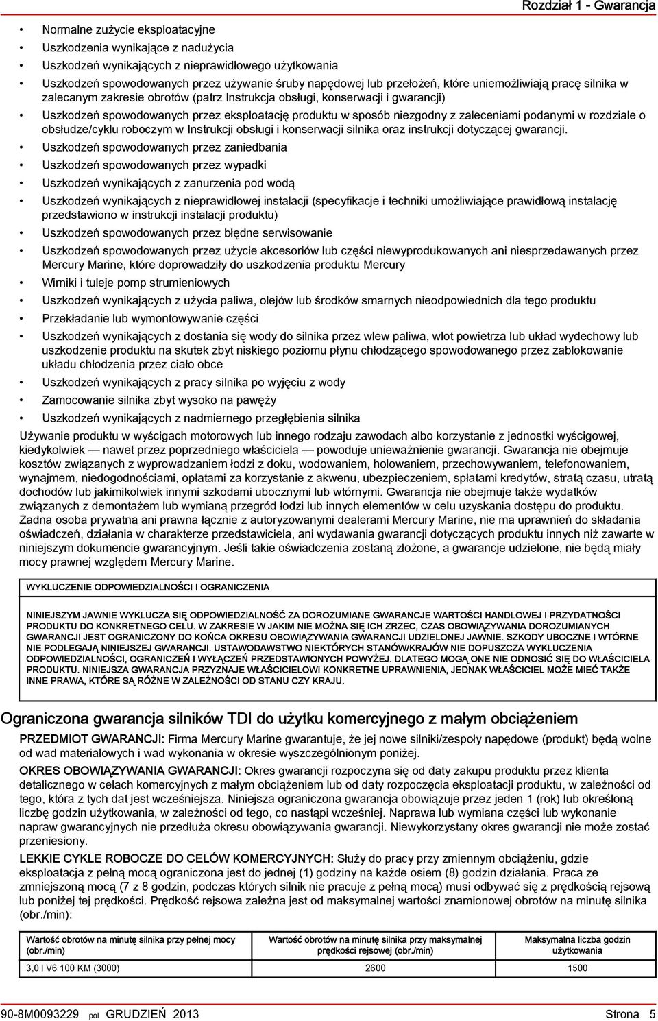 niezgodny z zaleceniami podanymi w rozdziale o obsłudze/cyklu roboczym w Instrukcji obsługi i konserwacji silnika oraz instrukcji dotyczącej gwarancji.