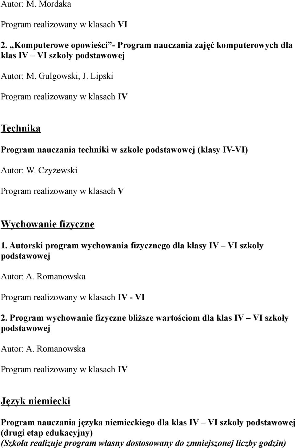 Czyżewski Program realizowany w klasach V Wychowanie fizyczne 1. Autorski program wychowania fizycznego dla klasy IV VI szkoły podstawowej Autor: A.