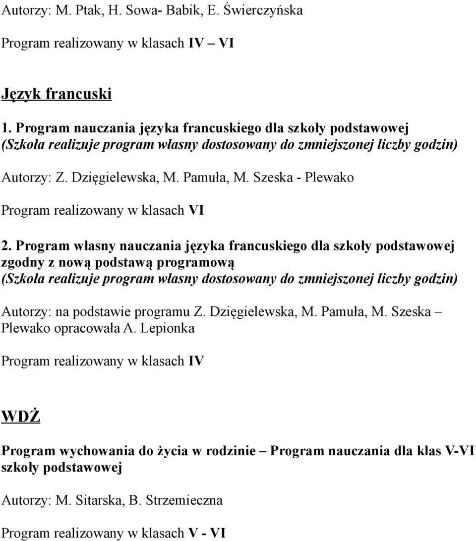 Szeska - Plewako Program realizowany w klasach VI 2.