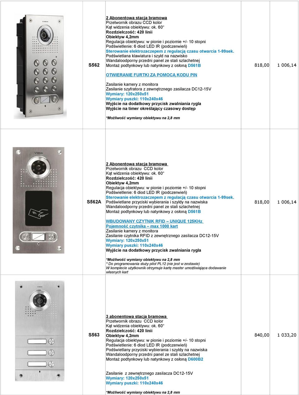 zewnętrznego zasilacza DC12-15V Wymiary: 120x250x51 Wymiary puszki: 110x240x46 Wyjście na dodatkowy przycisk zwalniania rygla Wyjście na timer określający czasowy dostęp S562A 2 Abonentowa stacja