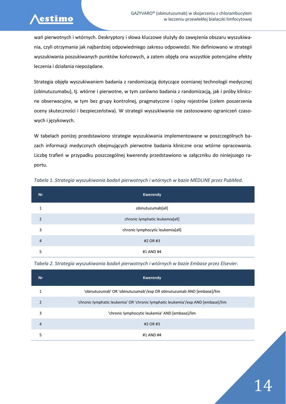 Strategia objęła wyszukiwaniem badania z randomizacją dotyczące ocenianej technologii medycznej (obinutuzumabu), tj.