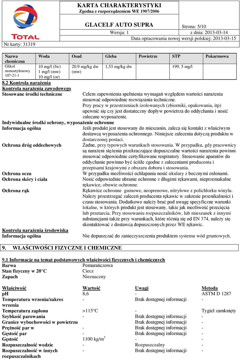 9 mg/kg dw (mw) Indywidualne środki ochrony, wyposażenie ochronne Informacja ogólna Ochrona dróg oddechowych Ochrona oczu Ochrona skóry i ciała Ochrona rąk Kontrola narażenia środowiska Informacja