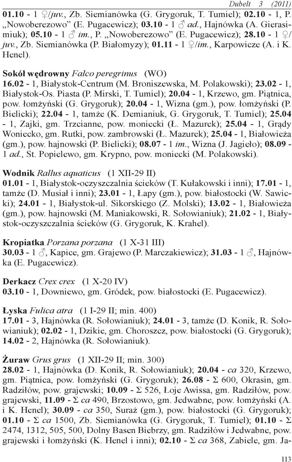 02-1, Białystok-Os. Piasta (P. Mirski, T. Tumiel); 20.04-1, Krzewo, gm. Piątnica, pow. łomżyński (G. Grygoruk); 20.04-1, Wizna (gm.), pow. łomżyński (P. Bielicki); 22.04-1, tamże (K. Demianiuk, G.