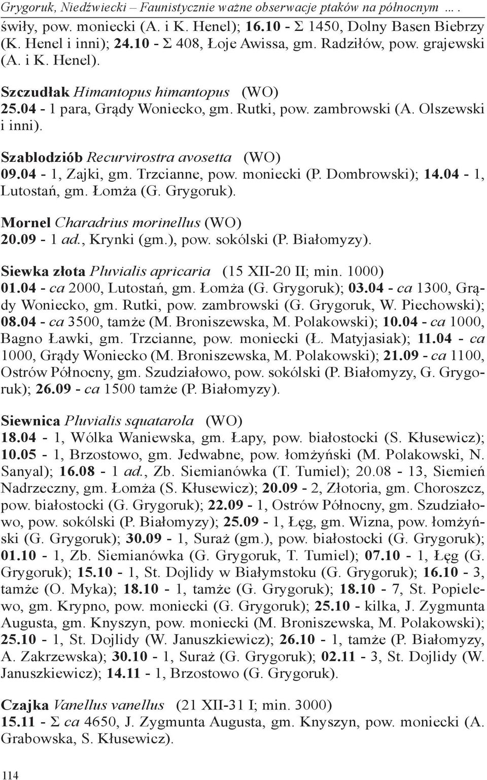 Szablodziób Recurvirostra avosetta (WO) 09.04-1, Zajki, gm. Trzcianne, pow. moniecki (P. Dombrowski); 14.04-1, Lutostań, gm. Łomża (G. Grygoruk). Mornel Charadrius morinellus (WO) 20.09-1 ad.