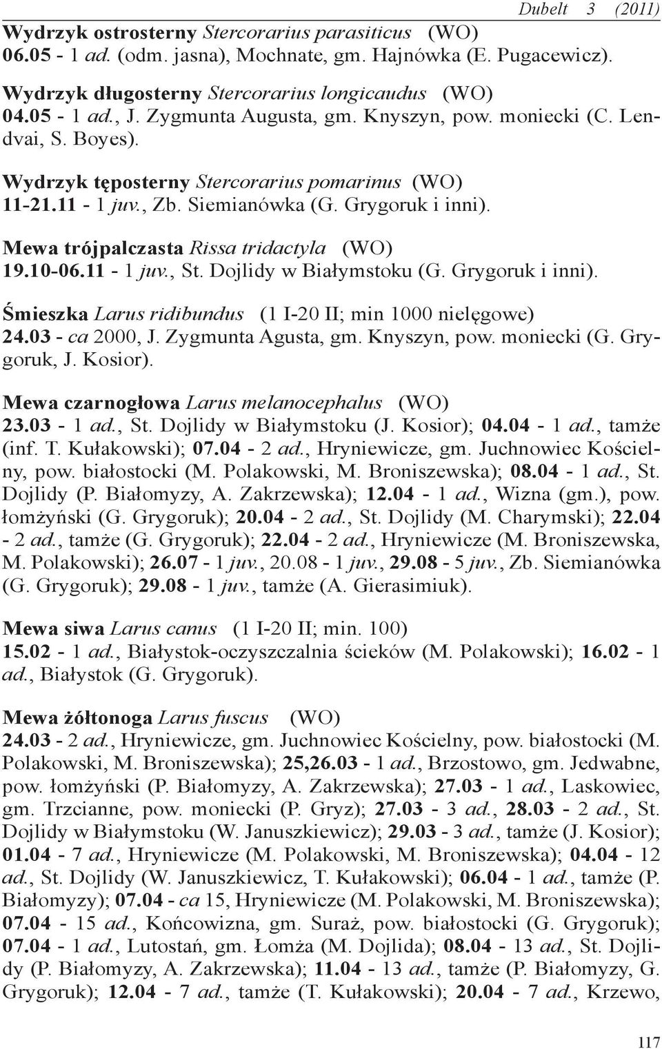 Mewa trójpalczasta Rissa tridactyla (WO) 19.10-06.11-1 juv., St. Dojlidy w Białymstoku (G. Grygoruk i inni). Śmieszka Larus ridibundus (1 I-20 II; min 1000 nielęgowe) 24.03 - ca 2000, J.
