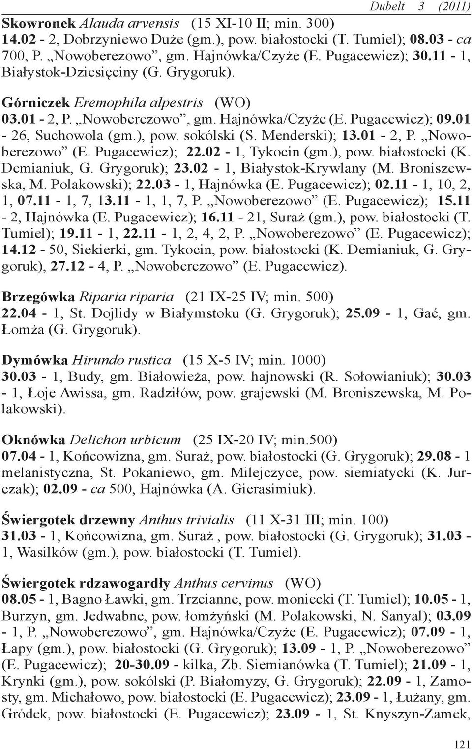 sokólski (S. Menderski); 13.01-2, P. Nowoberezowo (E. Pugacewicz); 22.02-1, Tykocin (gm.), pow. białostocki (K. Demianiuk, G. Grygoruk); 23.02-1, Białystok-Krywlany (M. Broniszewska, M.