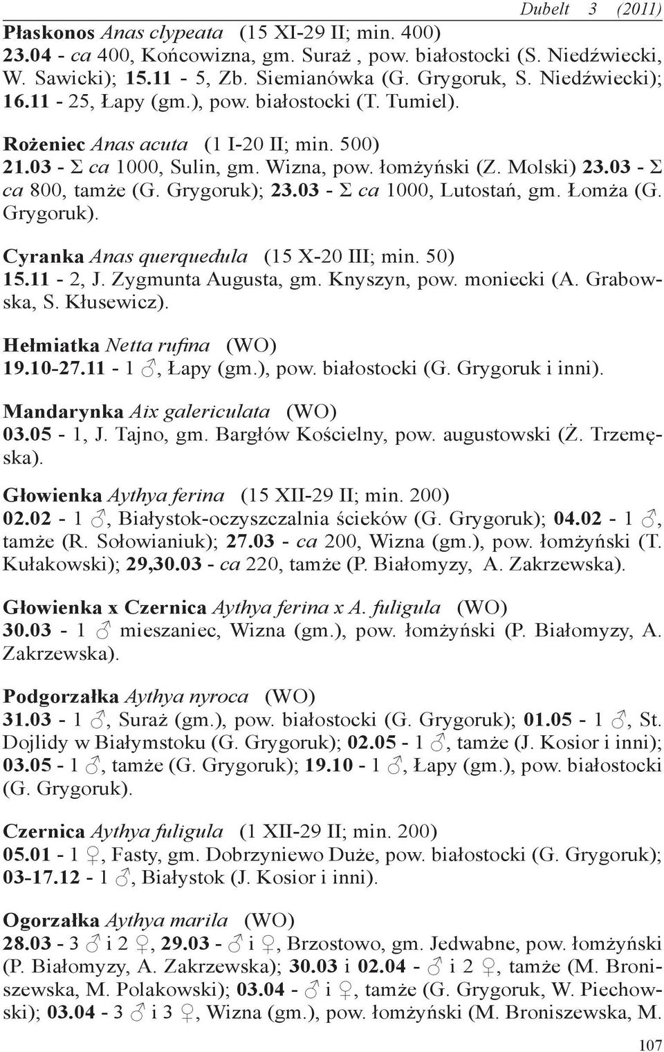 Grygoruk); 23.03 - Σ ca 1000, Lutostań, gm. Łomża (G. Grygoruk). Cyranka Anas querquedula (15 X-20 III; min. 50) 15.11-2, J. Zygmunta Augusta, gm. Knyszyn, pow. moniecki (A. Grabowska, S. Kłusewicz).