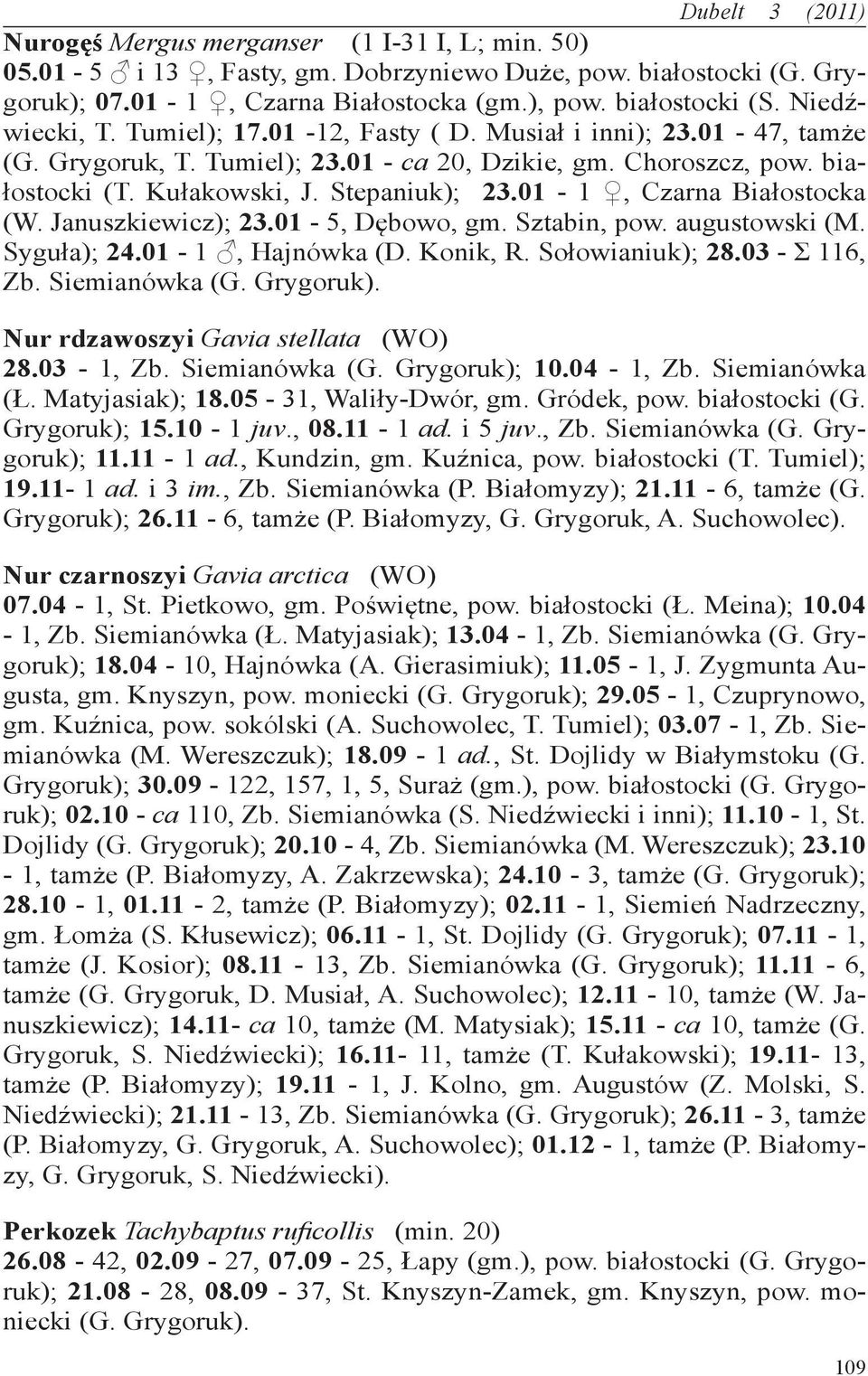 01-1, Czarna Białostocka (W. Januszkiewicz); 23.01-5, Dębowo, gm. Sztabin, pow. augustowski (M. Syguła); 24.01-1, Hajnówka (D. Konik, R. Sołowianiuk); 28.03 - Σ 116, Zb. Siemianówka (G. Grygoruk).