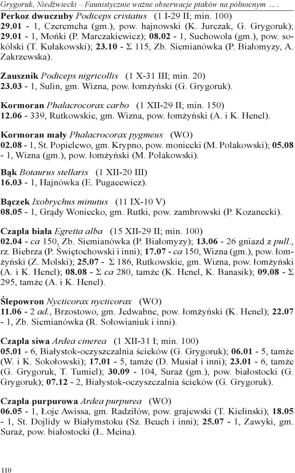 Zausznik Podiceps nigricollis (1 X-31 III; min. 20) 23.03-1, Sulin, gm. Wizna, pow. łomżyński (G. Grygoruk). Kormoran Phalacrocorax carbo (1 XII-29 II; min. 150) 12.06-339, Rutkowskie, gm. Wizna, pow. łomżyński (A.