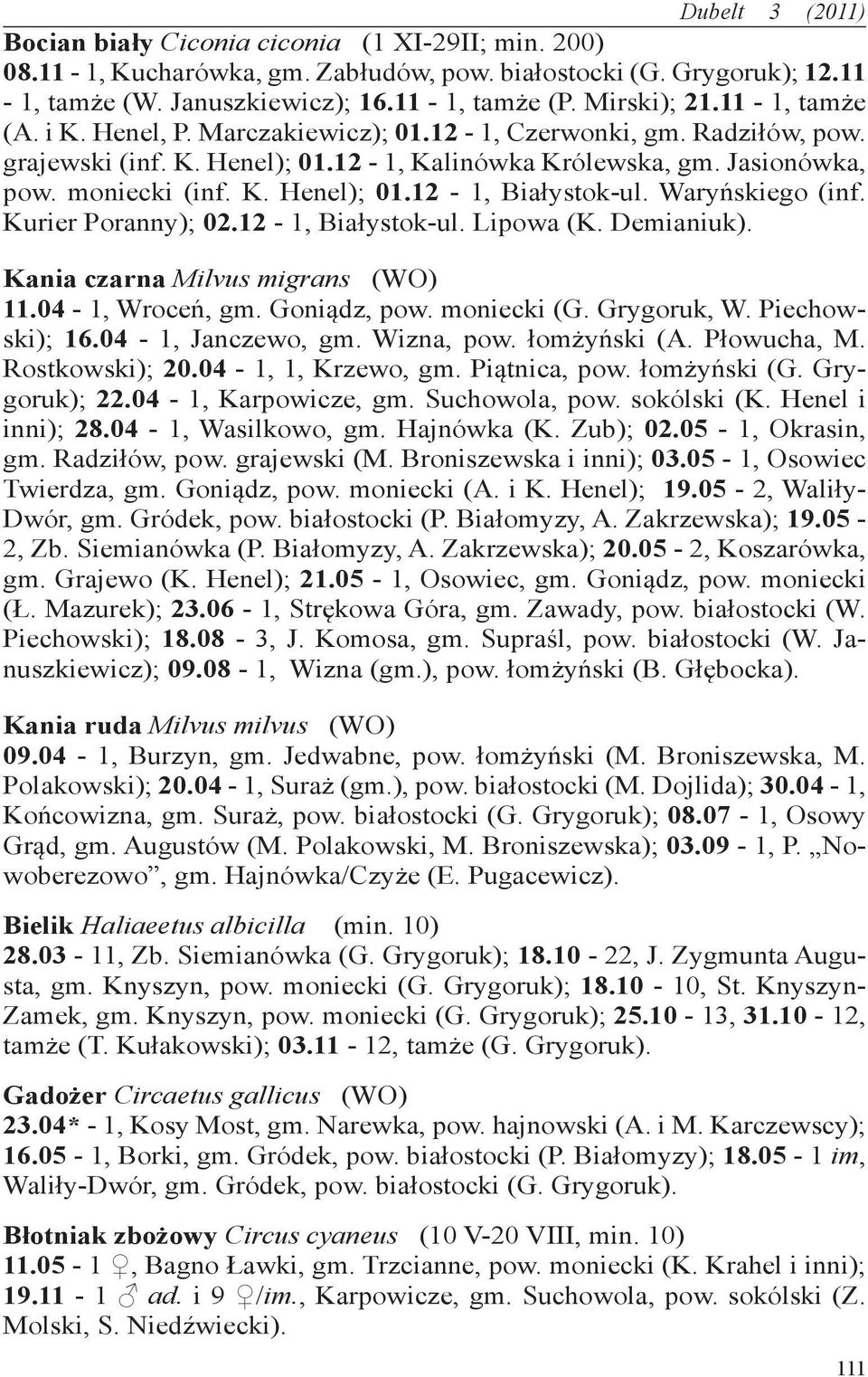 Waryńskiego (inf. Kurier Poranny); 02.12-1, Białystok-ul. Lipowa (K. Demianiuk). Kania czarna Milvus migrans (WO) 11.04-1, Wroceń, gm. Goniądz, pow. moniecki (G. Grygoruk, W. Piechowski); 16.
