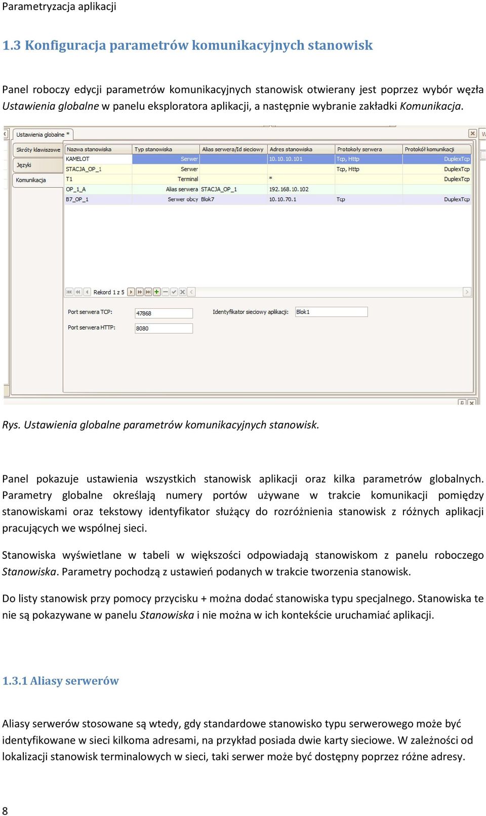 następnie wybranie zakładki Komunikacja. Rys. Ustawienia globalne parametrów komunikacyjnych stanowisk. Panel pokazuje ustawienia wszystkich stanowisk aplikacji oraz kilka parametrów globalnych.