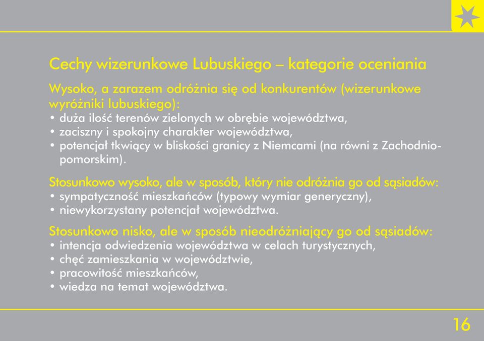 Stosunkowo wysoko, ale w sposób, który nie odróżnia go od sąsiadów: sympatyczność mieszkańców (typowy wymiar generyczny), niewykorzystany potencjał województwa.