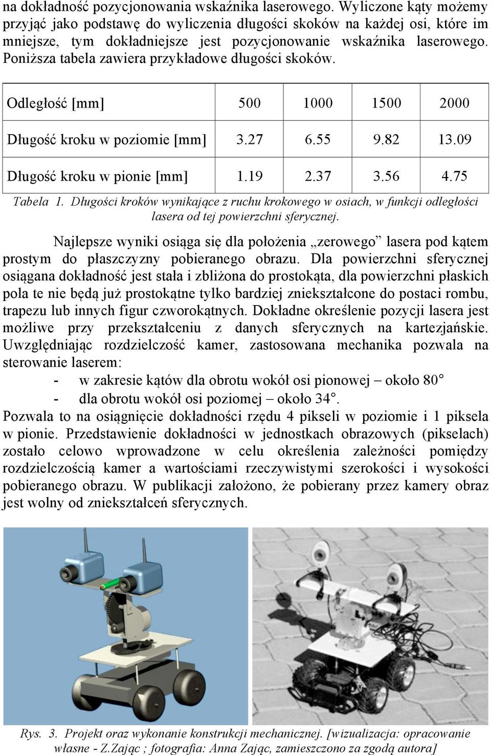 Poniższa tabela zawiera przykładowe długości skoków. Odległość [mm] 500 1000 1500 2000 Długość kroku w poziomie [mm] 3.27 6.55 9.82 13.09 Długość kroku w pionie [mm] 1.19 2.37 3.56 4.75 Tabela 1.