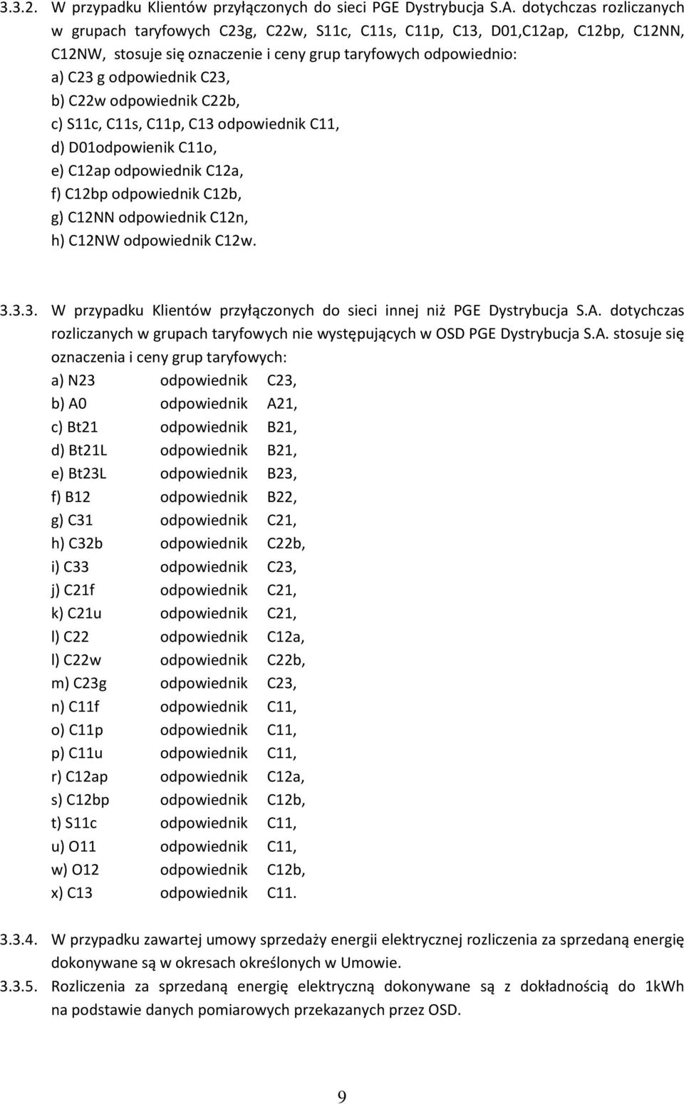 C22w odpowiednik C22b, c) S11c, C11s, C11p, C13 odpowiednik C11, d) D01odpowienik C11o, e) C12ap odpowiednik C12a, f) C12bp odpowiednik C12b, g) C12NN odpowiednik C12n, h) C12NW odpowiednik C12w. 3.3.3. W przypadku Klientów przyłączonych do sieci innej niż PGE Dystrybucja S.