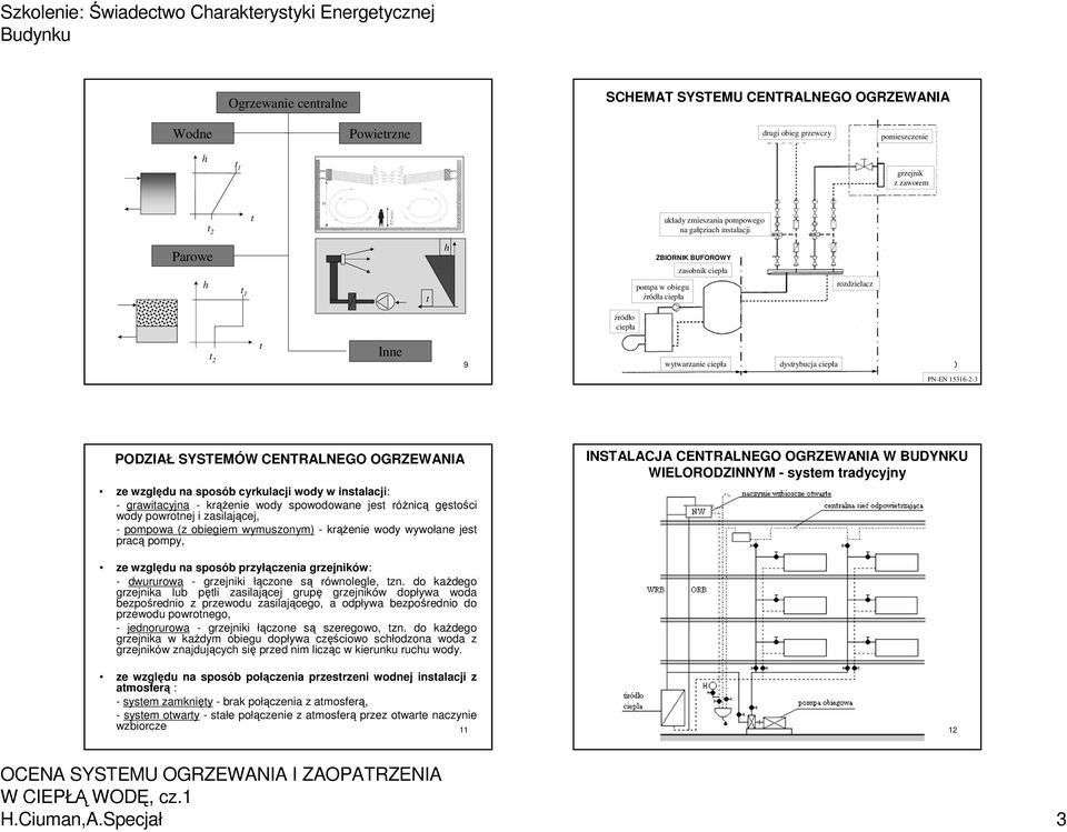 CENTRALNEGO OGRZEWANIA ze względu na sposób cyrkulacji wody w instalacji: - grawitacyjna - krążenie wody spowodowane jest różnicą gęstości wody powrotnej i zasilającej, - pompowa (z obiegiem