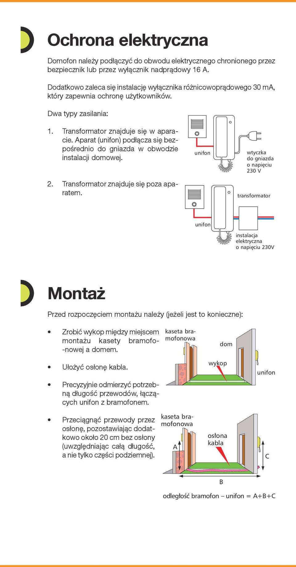 Aparat (unifon) podłącza się bezpośrednio do gniazda w obwodzie instalacji domowej. 2. Transformator znajduje się poza aparatem.