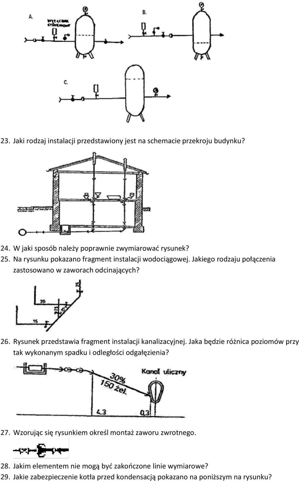Rysunek przedstawia fragment instalacji kanalizacyjnej. Jaka będzie różnica poziomów przy tak wykonanym spadku i odległości odgałęzienia? 27.