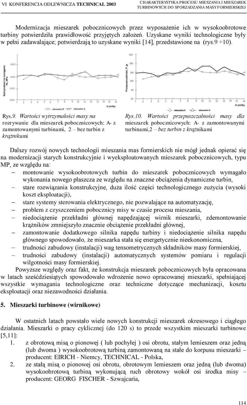 10). Rys.9. Wartości wytrzymałości masy na rozrywanie dla mieszarek pobocznicowych: A- z zamontowanymi turbinami, 2 bez turbin z krążnikami Rys.10. Wartości przepuszczalności masy dla mieszarek