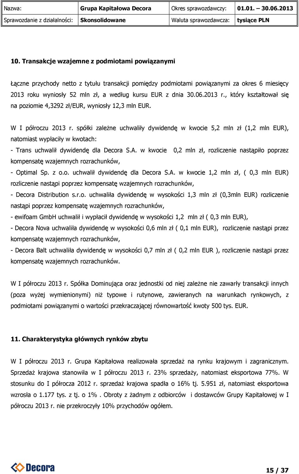 spółki zaleŝne uchwaliły dywidendę w kwocie 5,2 mln zł (1,2 mln EUR), natomiast wypłaciły w kwotach: - Trans uchwalił dywidendę dla Decora S.A.