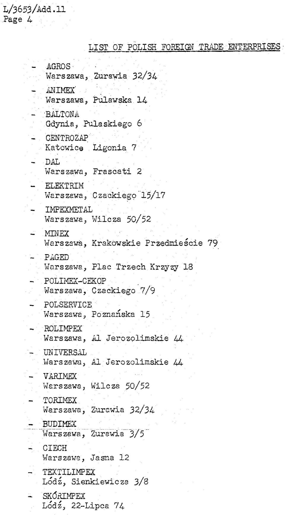 Warszawa, Frascati 2 - ELEKTRIM Warszawa, Czackiego 15/17 - IMPEXMETAL Warszawa, Wilcza 50/52 - MINEX Warszawa, Krakowskie Przedmiescie 79 - PAGED Warszawa, Plac Trzech Krzyzy