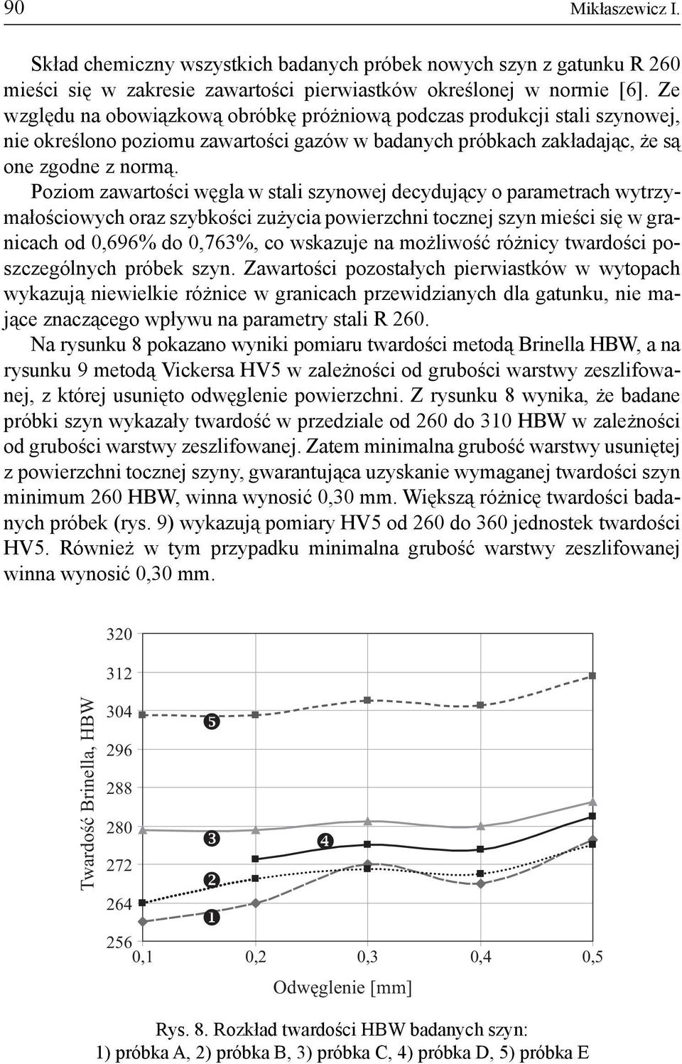 Poziom zawartości węgla w stali szynowej decydujący o parametrach wytrzymałościowych oraz szybkości zużycia powierzchni tocznej szyn mieści się w granicach od 0,696% do 0,763%, co wskazuje na