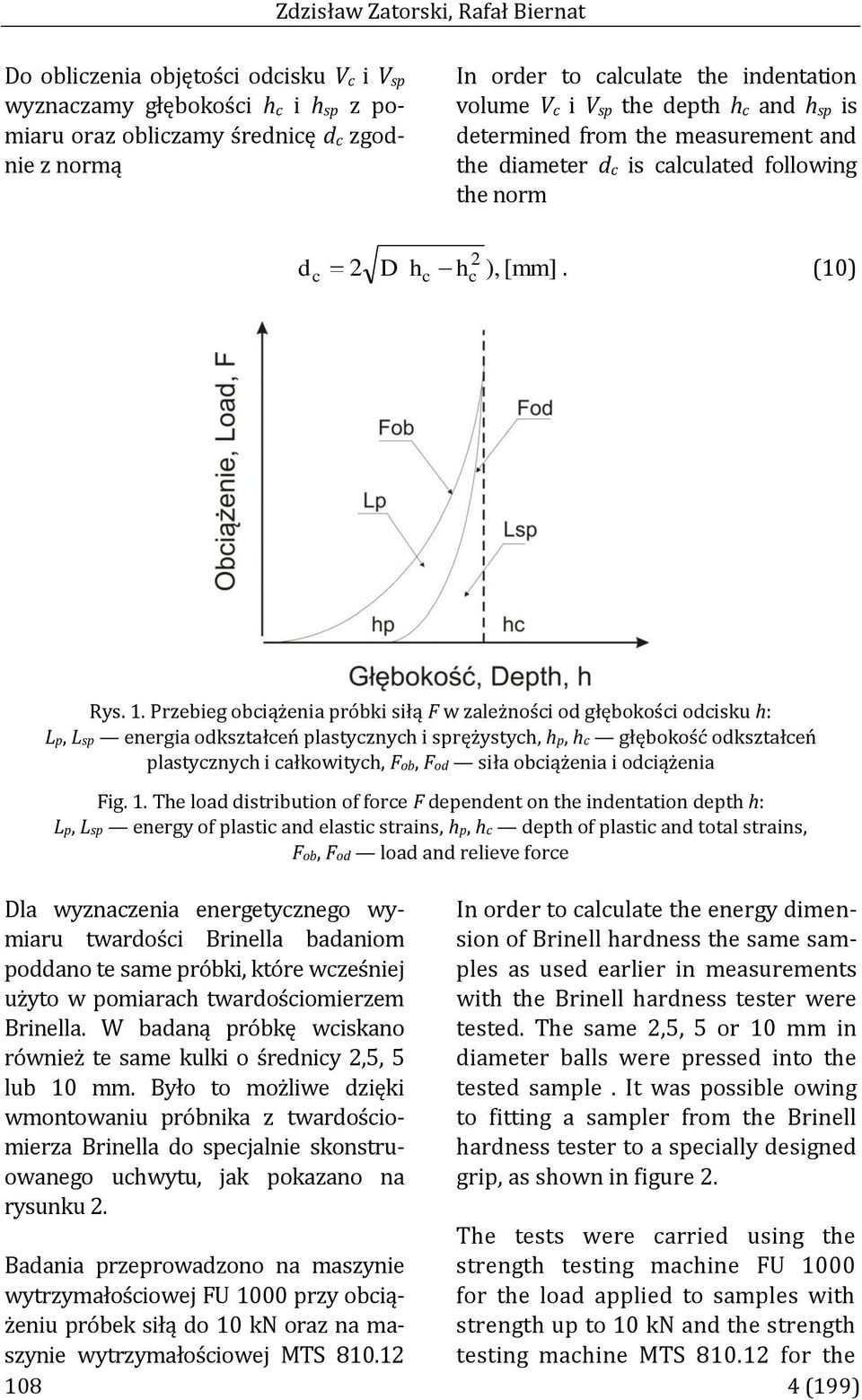 Przebieg obciążenia próbki siłą F w zależności od głębokości odcisku h: Lp, Lsp energia odkształceń plastycznych i sprężystych, hp, hc głębokość odkształceń plastycznych i całkowitych, Fob, Fod siła