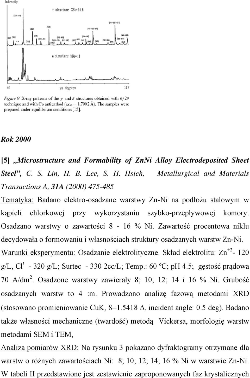 Hsieh, Metallurgical and Materials Transactions A, 31A (2000) 475-485 Tematyka: Badano elektro-osadzane warstwy Zn-Ni na podłożu stalowym w kąpieli chlorkowej przy wykorzystaniu szybko-przepływowej