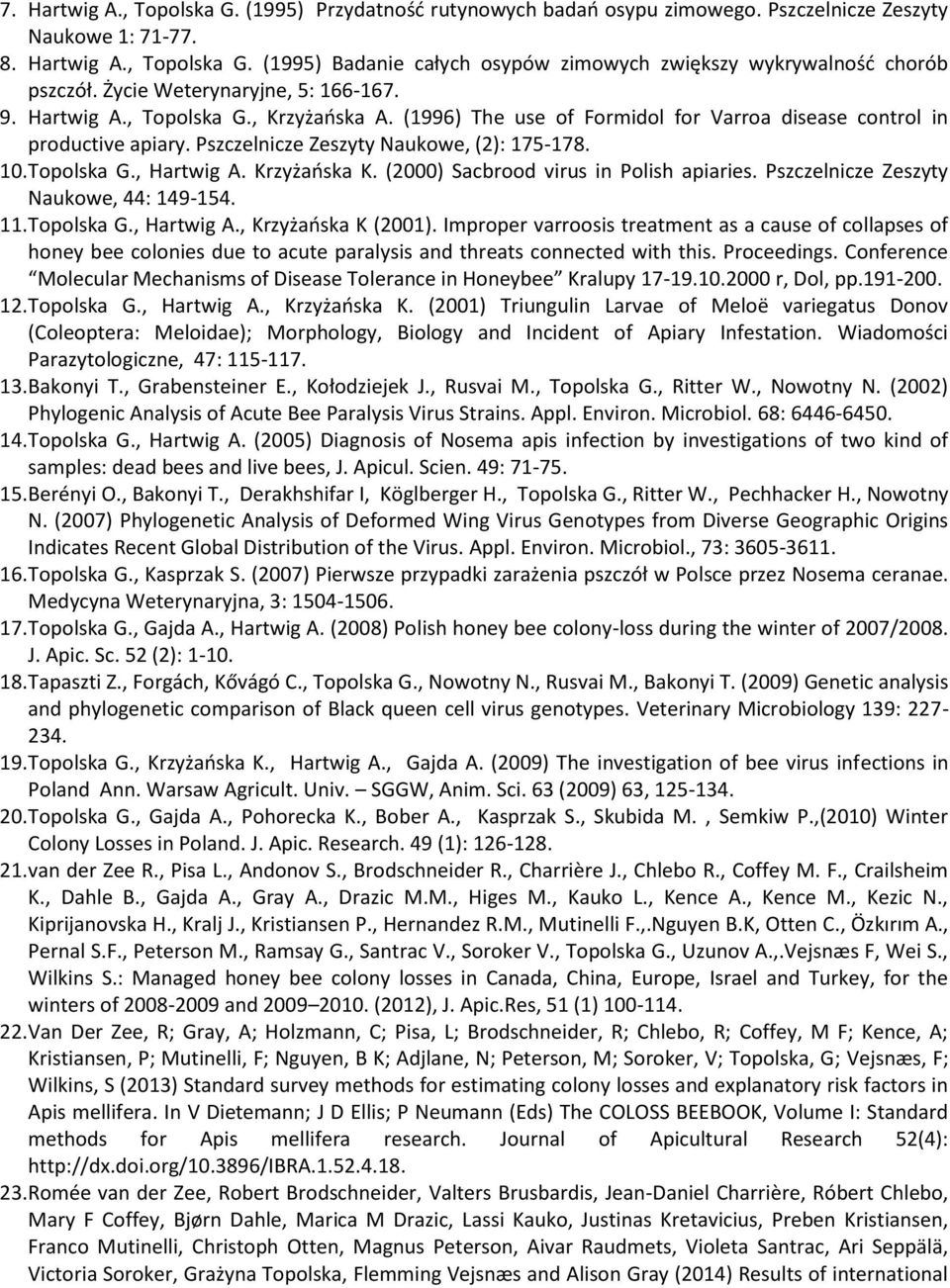 Topolska G., Hartwig A. Krzyżańska K. (2000) Sacbrood virus in Polish apiaries. Pszczelnicze Zeszyty Naukowe, 44: 149-154. 11. Topolska G., Hartwig A., Krzyżańska K (2001).