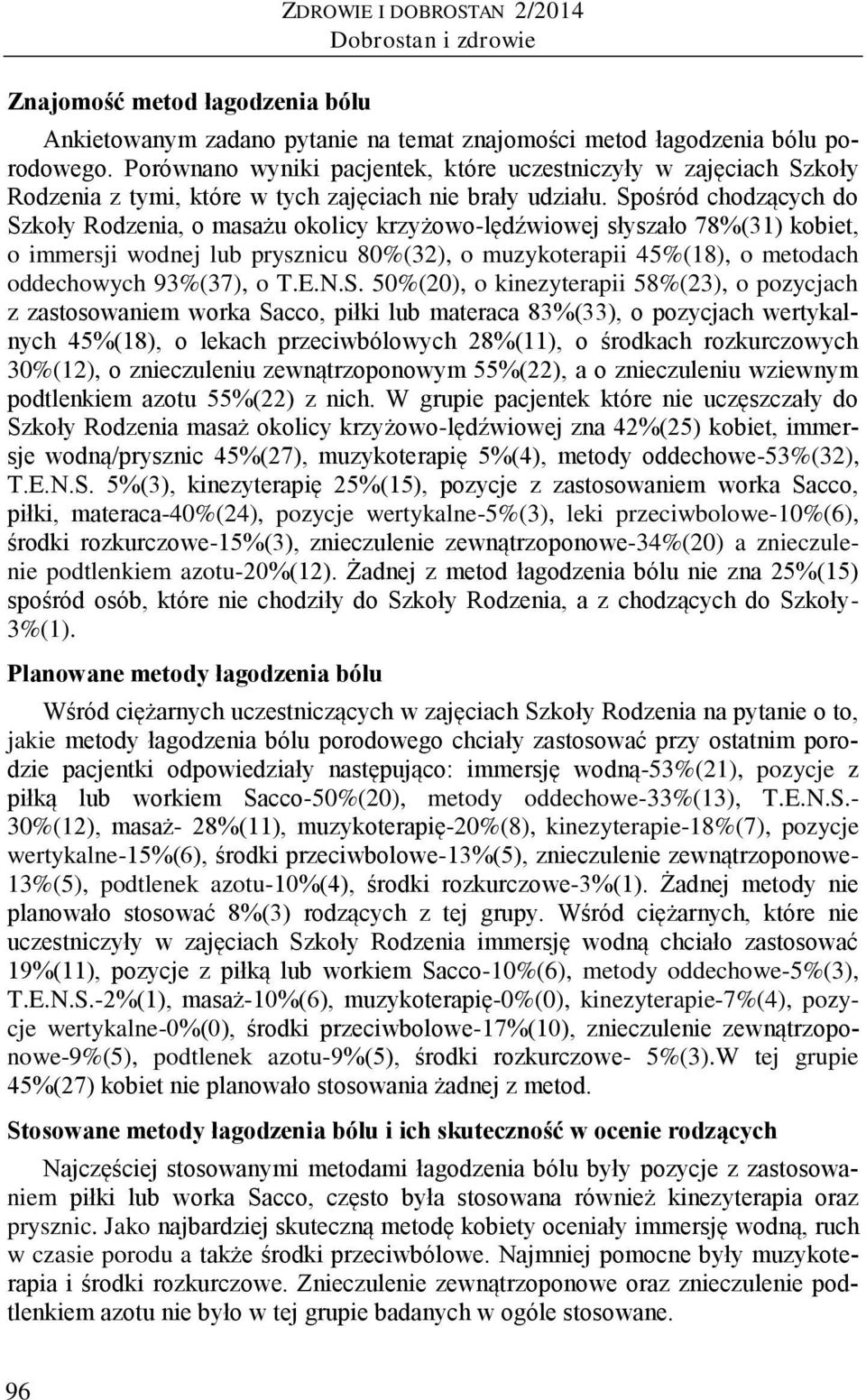 Spośród chodzących do Szkoły Rodzenia, o masażu okolicy krzyżowo-lędźwiowej słyszało 78%(31) kobiet, o immersji wodnej lub prysznicu 80%(32), o muzykoterapii 45%(18), o metodach oddechowych 93%(37),