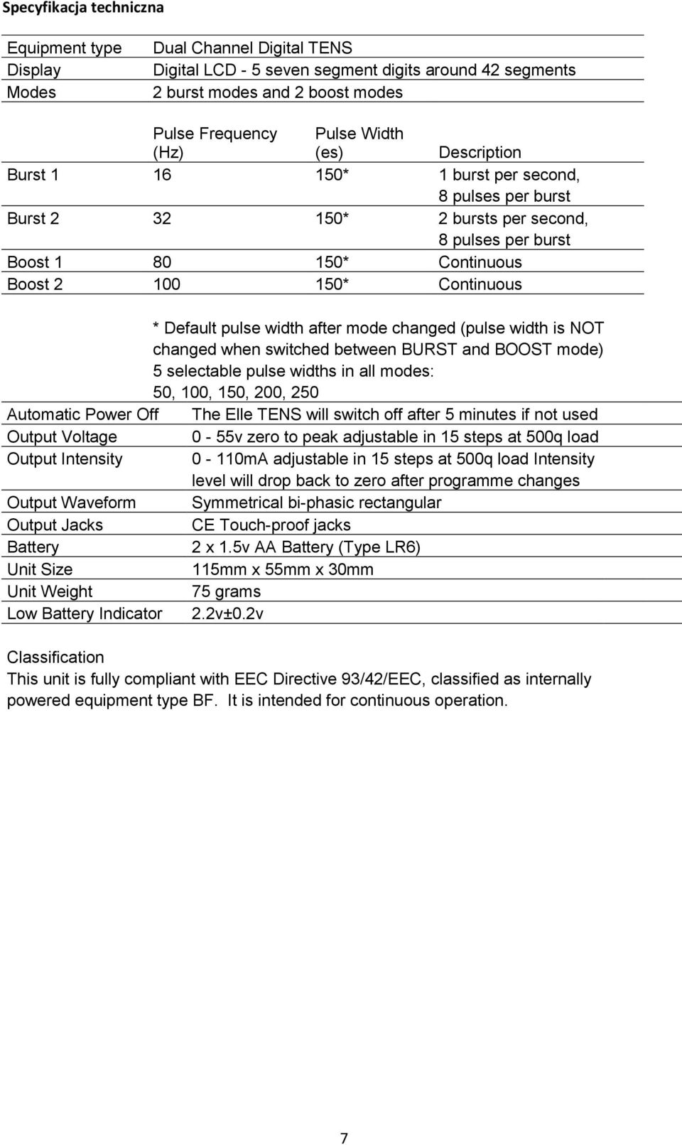 width after mode changed (pulse width is NOT changed when switched between BURST and BOOST mode) 5 selectable pulse widths in all modes: 50, 100, 150, 200, 250 Automatic Power Off The Elle TENS will