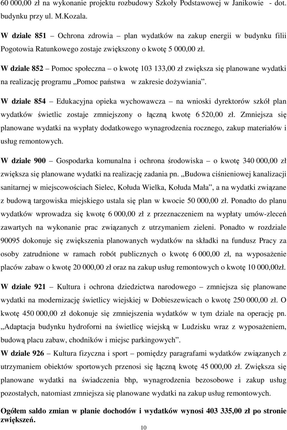 W dziale 852 Pomoc społeczna o kwotę 103 133,00 zł zwiększa się planowane wydatki na realizację programu Pomoc państwa w zakresie doŝywiania.