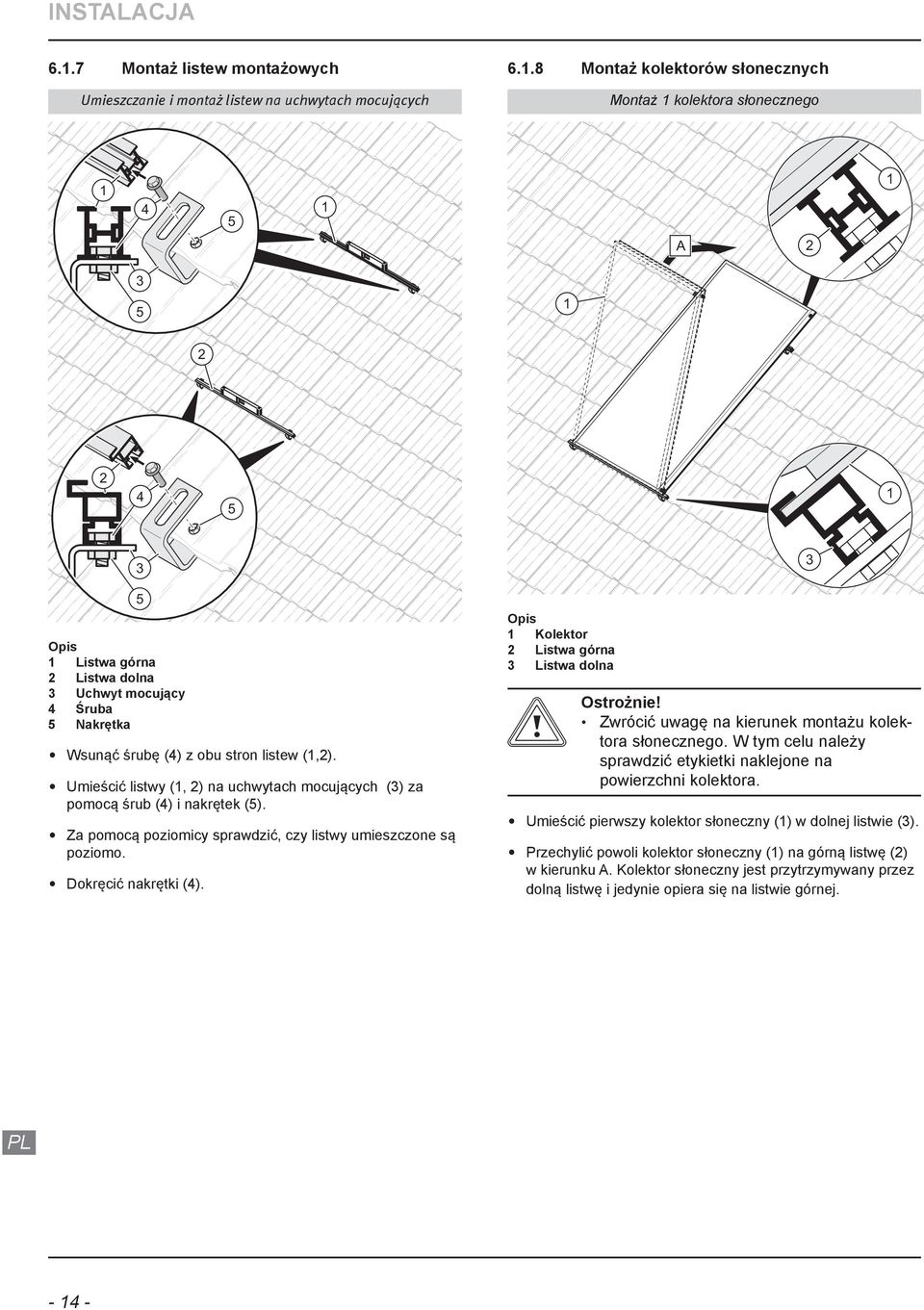 Umieścić listwy (, ) na uchwytach mocujących () za pomocą śrub () i nakrętek (5). Za pomocą poziomicy sprawdzić, czy listwy umieszczone są poziomo. Dokręcić nakrętki ().