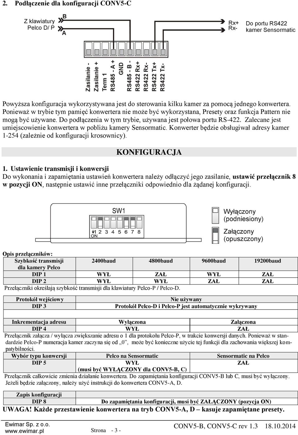 Zalecane jest umiejscowienie konwertera w pobliżu kamery. Konwerter będzie obsługiwał adresy kamer 1-254 (zależnie od konfiguracji krosownicy). KONFIGURCJ 1.