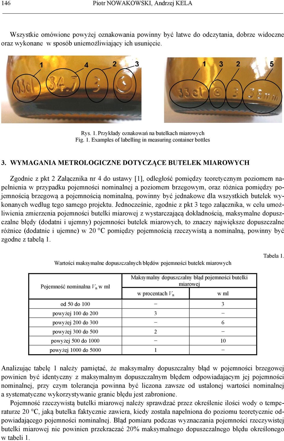 WYMAGANIA METROLOGICZNE DOTYCZĄCE BUTELEK MIAROWYCH Zgodnie z pkt 2 Załącznika nr 4 do ustawy [1], odległość pomiędzy teoretycznym poziomem napełnienia w przypadku pojemności nominalnej a poziomem