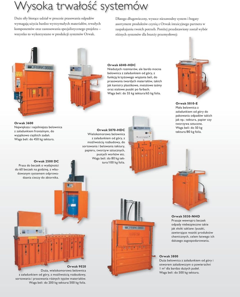 Poniżej przedstawiony został wybór różnych systemów dla branży przemysłowej: Orwak 6040-HDC Niedużych rozmiarów, ale bardo mocna belownica z załadunkiem od góry, z funkcją krzyżowego wiązania beli,