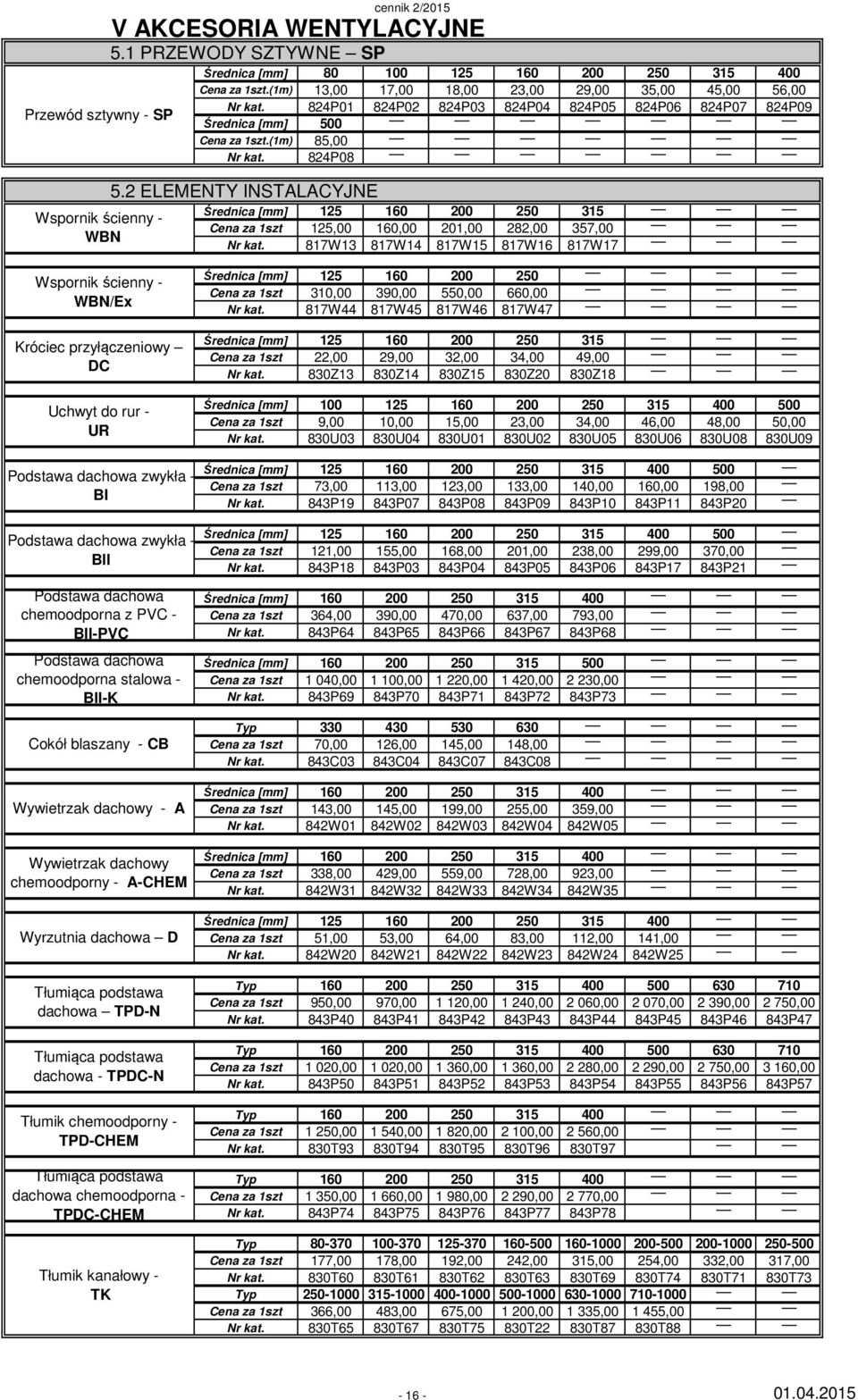 824P01 824P02 824P03 824P04 824P05 824P06 824P07 824P09 [mm] 500 Cena za 1(1m) 85,00 Nr kat. 824P08 5.2 ELEMENTY INSTALACYJNE [mm] 125 200 250 315 Cena za 1szt 125,00,00 201,00 282,00 357,00 Nr kat.