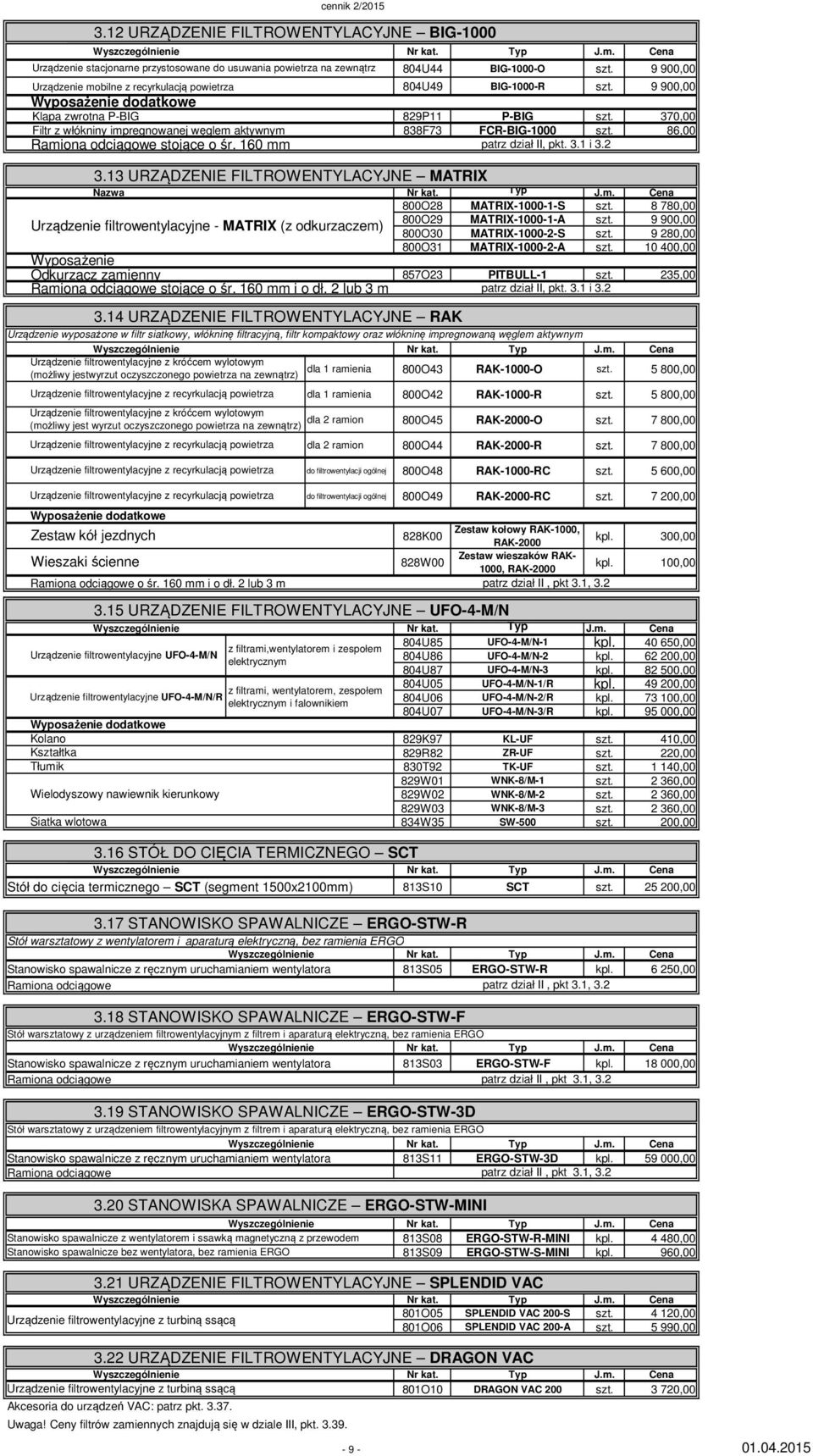 2 3.13 URZĄDZENIE FILTROWENTYLACYJNE MATRIX 800O28 MATRIX-1000-1-S 8 780,00 800O29 MATRIX-1000-1-A 9 900,00 Urządzenie filtrowentylacyjne - MATRIX (z odkurzaczem) 800O30 MATRIX-1000-2-S 9 280,00