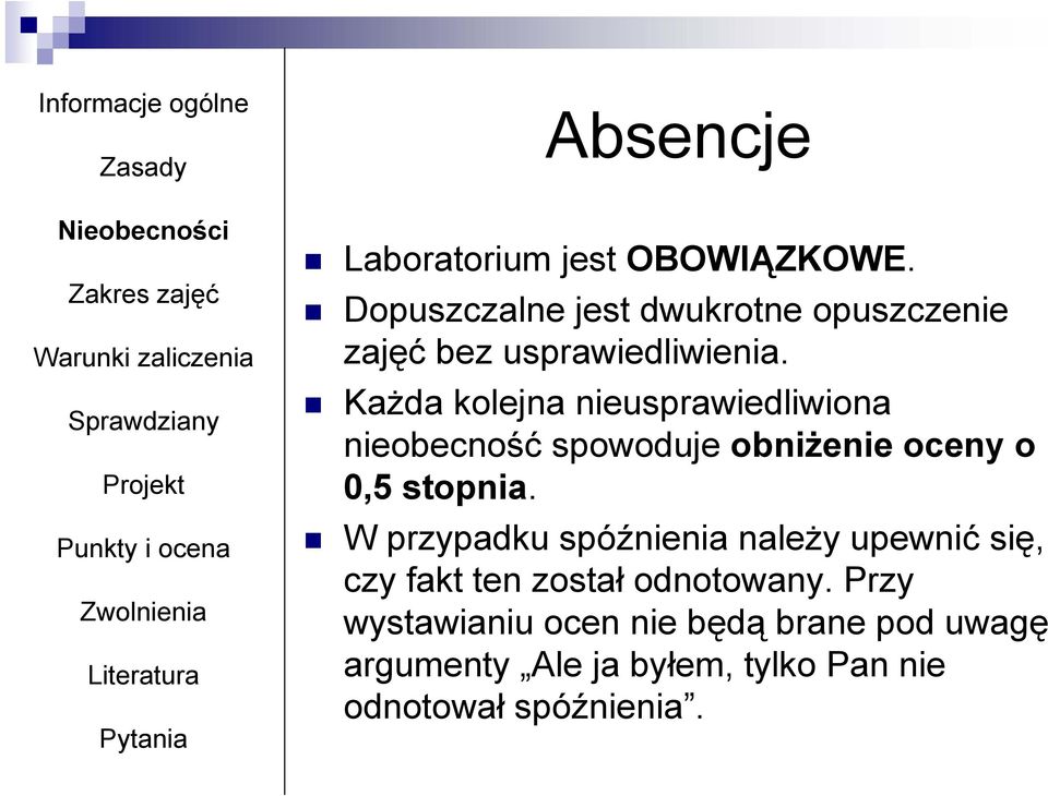 Każda kolejna nieusprawiedliwiona nieobecność spowoduje obniżenie oceny o 0,5 stopnia.