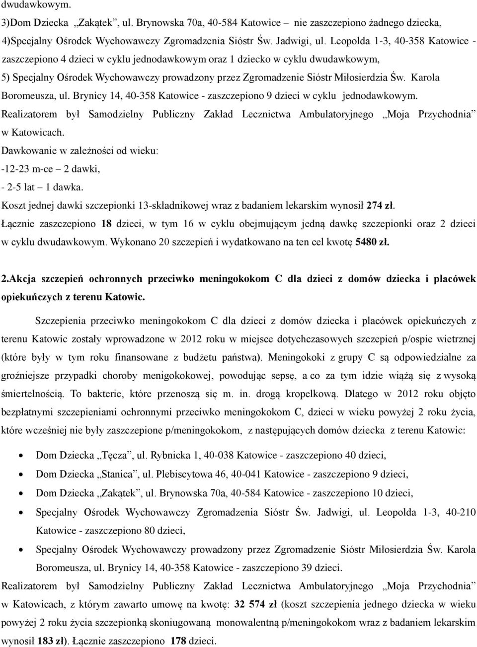 Karola Boromeusza, ul. Brynicy 14, 40-358 Katowice - zaszczepiono 9 dzieci w cyklu jednodawkowym.