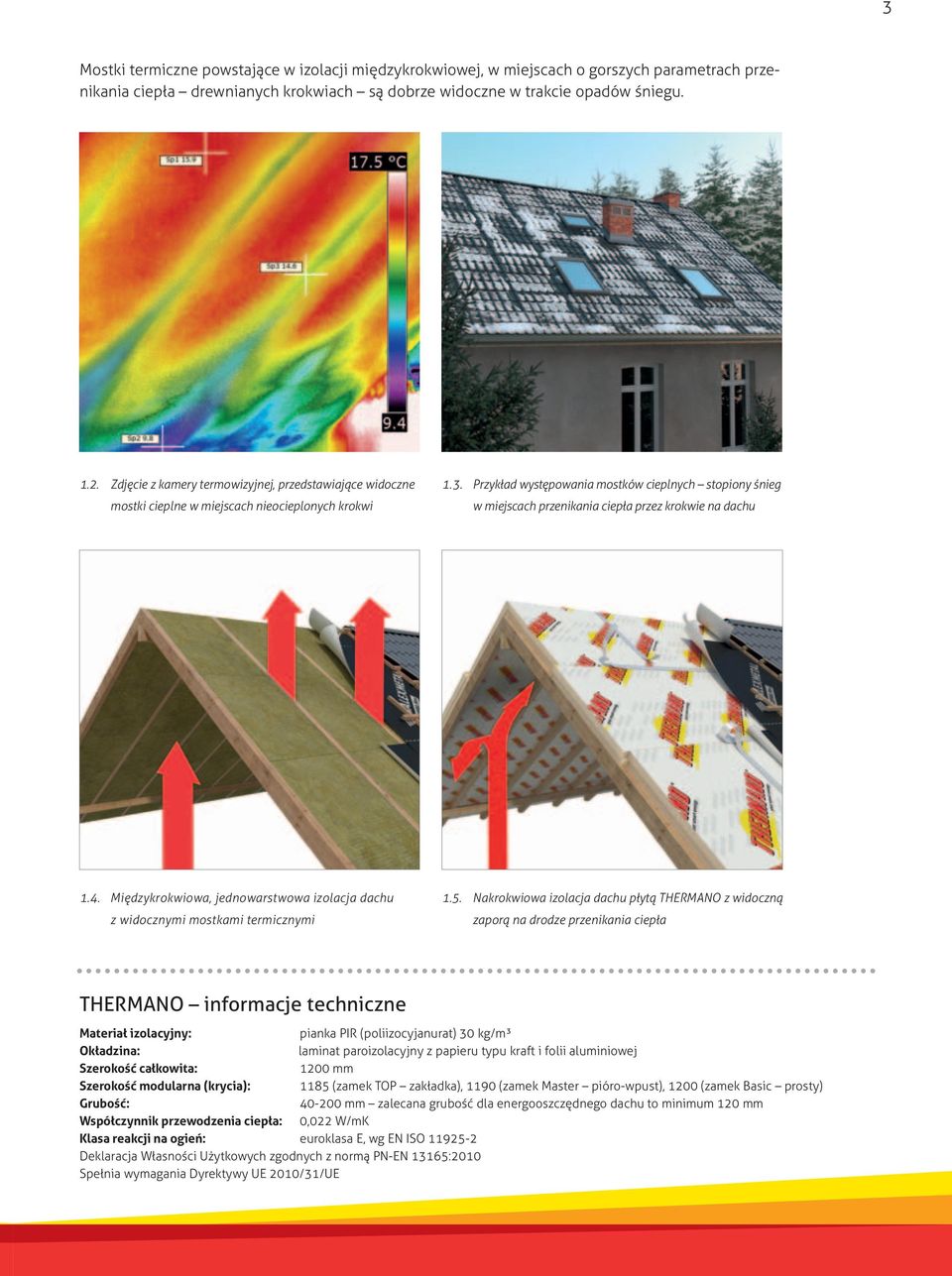 Przyk ad wyst powania mostków cieplnych stopiony nieg w miejscach przenikania ciep a przez krokwie na dachu 1.4. Mi dzykrokwiowa, jednowarstwowa izolacja dachu z widocznymi mostkami termicznymi 1.5.