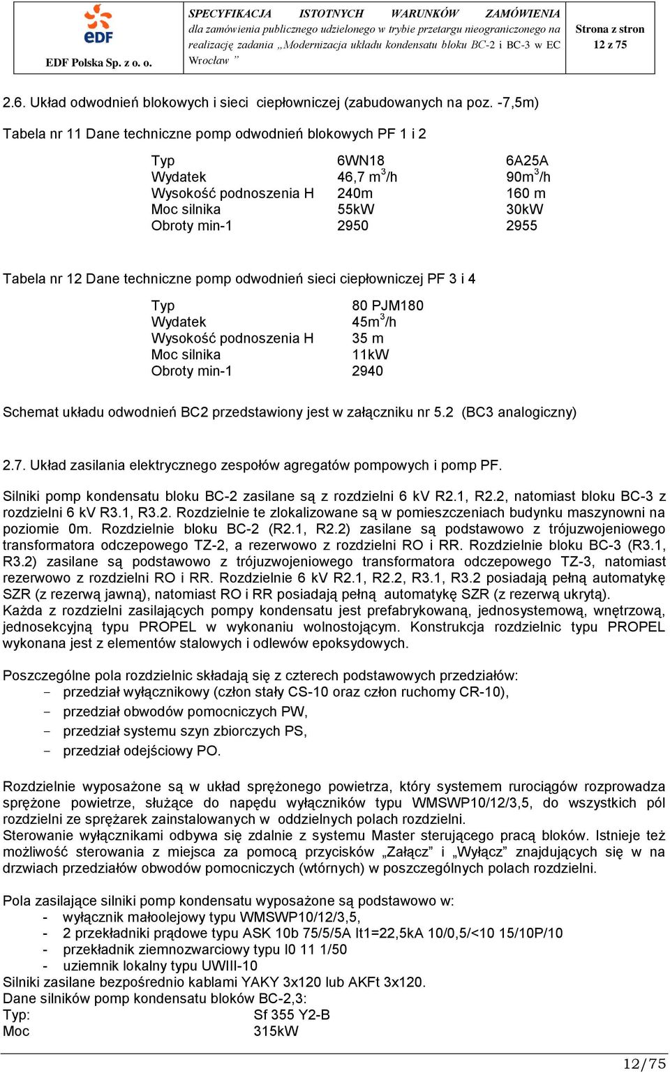 Tabela nr 12 Dane techniczne pomp odwodnień sieci ciepłowniczej PF 3 i 4 Typ 80 PJM180 Wydatek 45m 3 /h Wysokość podnoszenia H 35 m Moc silnika 11kW Obroty min-1 2940 Schemat układu odwodnień BC2