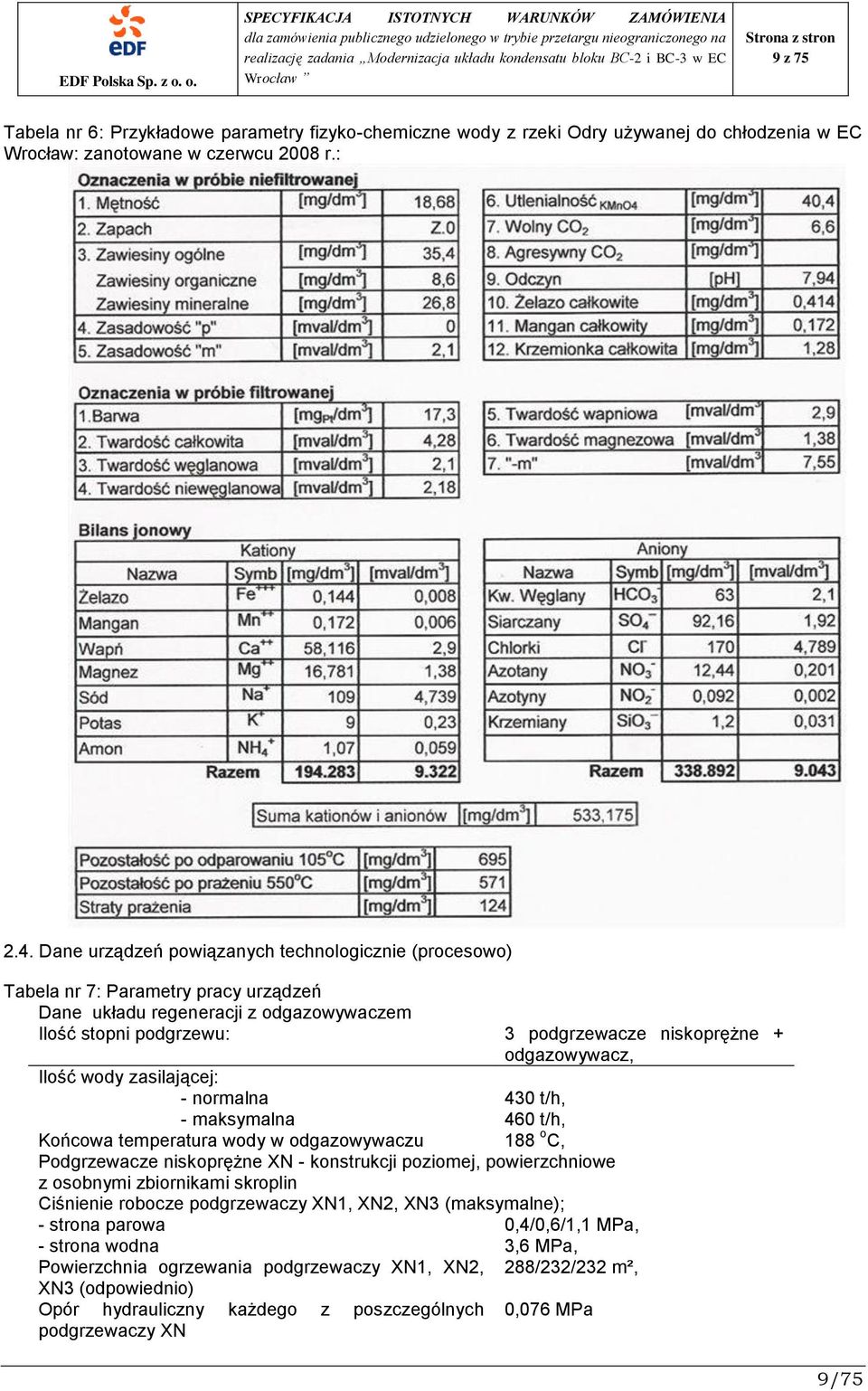 Ilość wody zasilającej: - normalna 430 t/h, - maksymalna 460 t/h, Końcowa temperatura wody w odgazowywaczu 188 o C, Podgrzewacze niskoprężne XN - konstrukcji poziomej, powierzchniowe z osobnymi