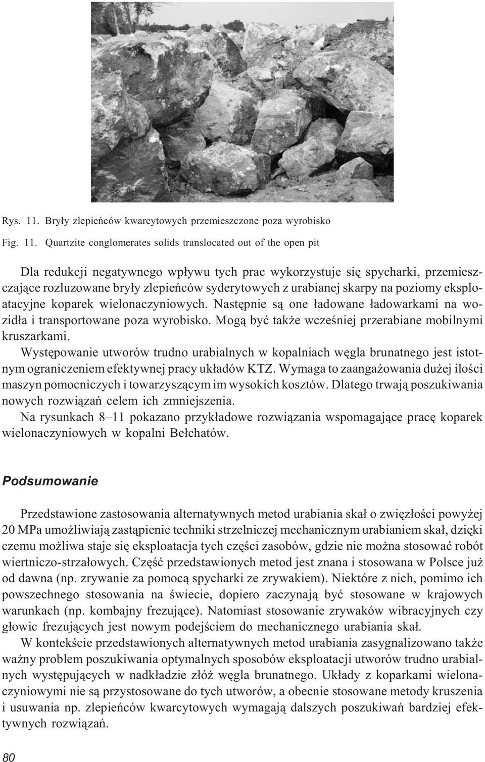 Quartzite conglomerates solids translocated out of the open pit Dla redukcji negatywnego wp³ywu tych prac wykorzystuje siê spycharki, przemieszczaj¹ce rozluzowane bry³y zlepieñców syderytowych z