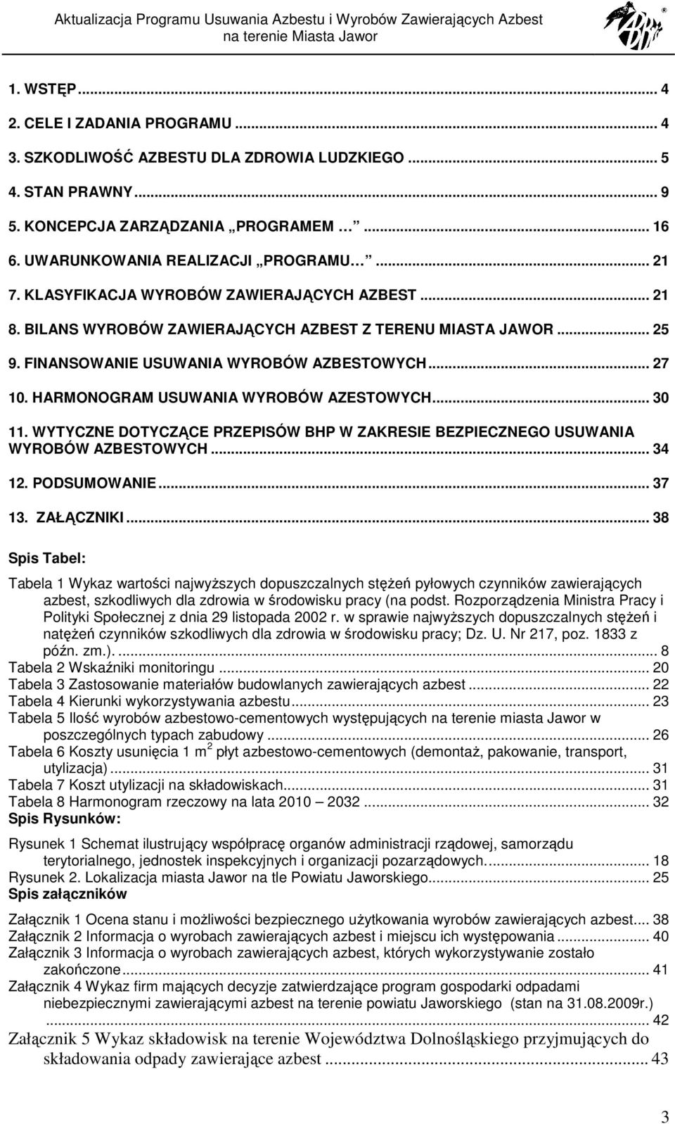 HARMONOGRAM USUWANIA WYROBÓW AZESTOWYCH... 30 11. WYTYCZNE DOTYCZĄCE PRZEPISÓW BHP W ZAKRESIE BEZPIECZNEGO USUWANIA WYROBÓW AZBESTOWYCH... 34 12. PODSUMOWANIE... 37 13. ZAŁĄCZNIKI.