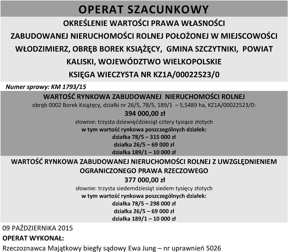 KZ1A/00022523/0: 394 000,00 zł słownie: trzysta dziewięćdziesiąt cztery tysiące złotych w tym wartość rynkowa poszczególnych działek: działka 78/5 315 000 zł działka 26/5 69 000 zł działka 189/1 10