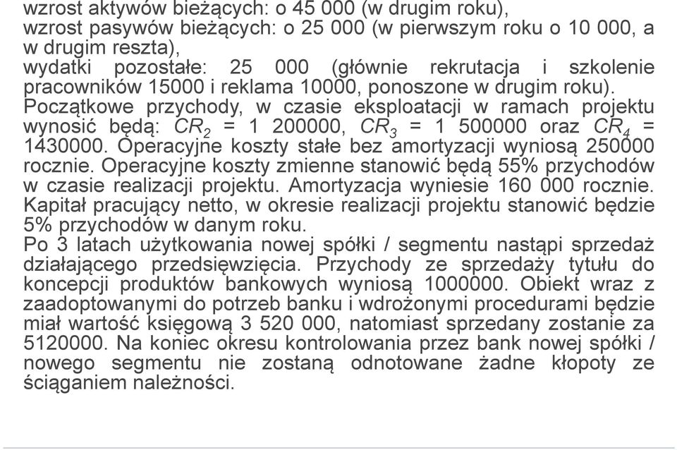 Operacyjne koszty stałe bez amortyzacji wyniosą 250000 rocznie. Operacyjne koszty zmienne stanowić będą 55% przychodów w czasie realizacji projektu. Amortyzacja wyniesie 160 000 rocznie.