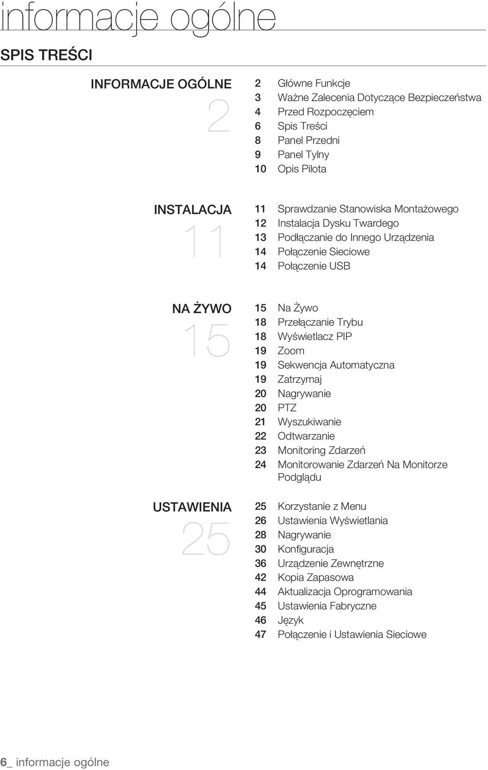 Przełączanie Trybu 18 Wyświetlacz PIP 19 Zoom 19 Sekwencja Automatyczna 19 Zatrzymaj 20 Nagrywanie 20 PTZ 21 Wyszukiwanie 22 Odtwarzanie 23 Monitoring Zdarzeń 24 Monitorowanie Zdarzeń Na Monitorze