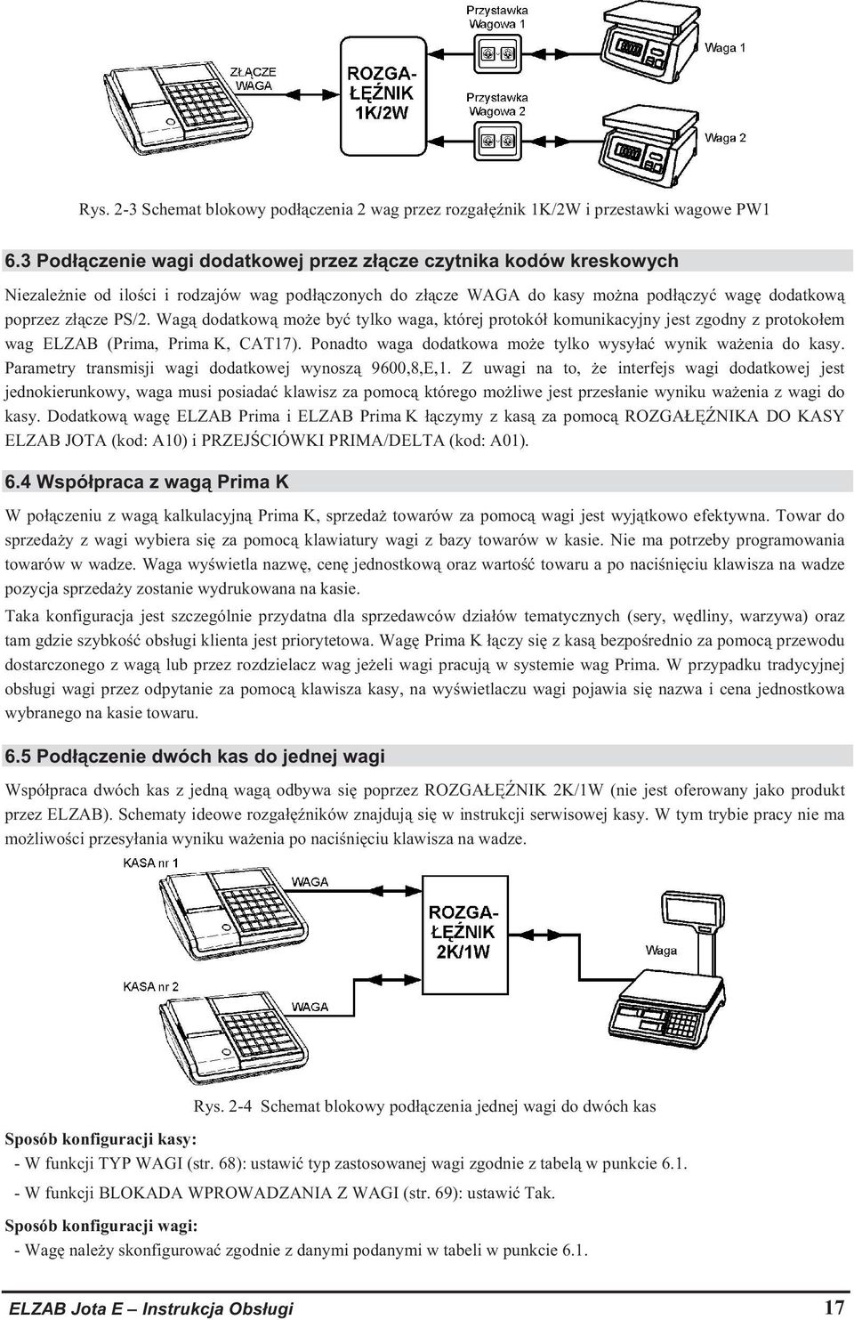 Wag dodatkow moe by tylko waga, której protokó komunikacyjny jest zgodny z protokoem wag ELZAB (Prima, Prima K, CAT17). Ponadto waga dodatkowa moe tylko wysya wynik waenia do kasy.